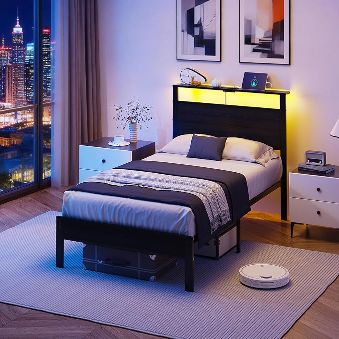 Twin Size Bed Frame with LED Lights and USB Charging Station | Black Metal Platform Bed with Storage Headboard, Noise Free, No Box Spring Needed, Easy Assembly