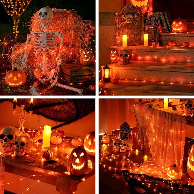 JMEXSUSS 2 Pack Orange Fairy Lights Battery Operated, Total 200 LED 66ft | With Remote & Timer, 8 Modes, Twinkle String Lights for Halloween Thanksgiving Fall Tree Dorm Classroom Indoor Outdoor Decor