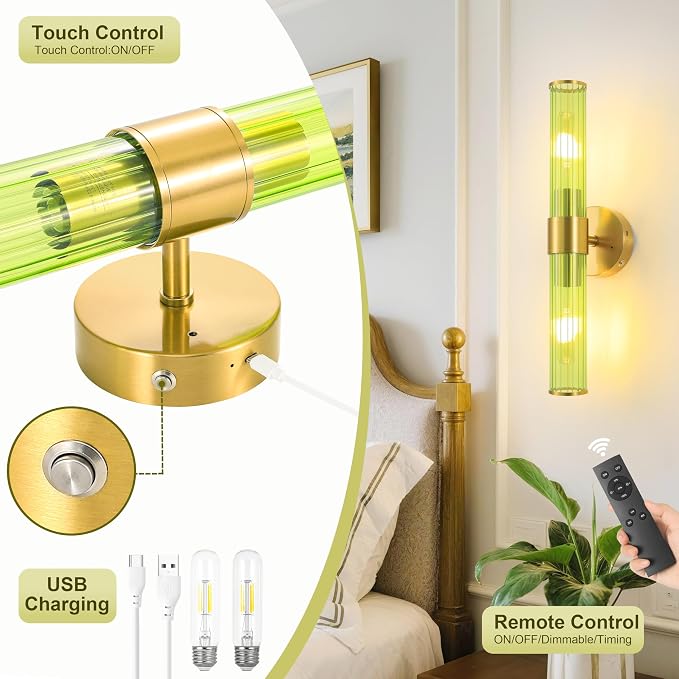 Morauroral Gold Battery Operated Wall Sconces Set of 2, Rechargeable Wall Lights with Remote Control, 20 Inch Modern Wireless Wall Lamp for Bedroom, Living Room with Green Shade (Bulbs Included)
