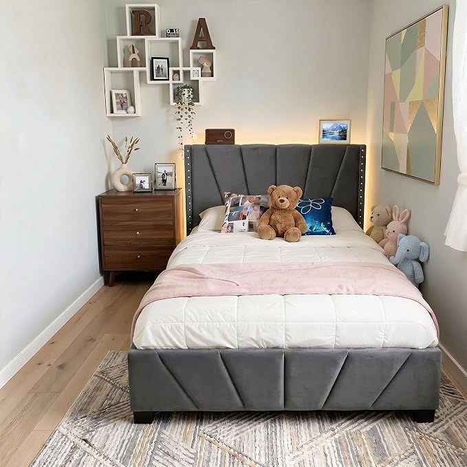 EnHomee Twin Bed Frame with LED Lights & USB, Noise-Free, Grey | Adjustable Velvet Headboard,Under-Bed Storage,Heavy Duty Support with 12 Slats,No Box Spring Needed,Easy Assembly for Bedroom