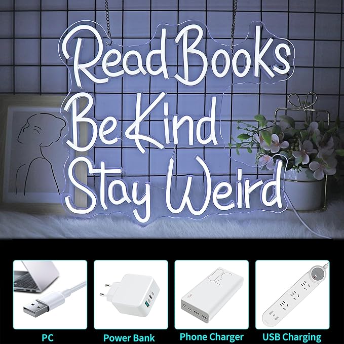 Neon Sign, JGHTURIE Read Books Neon Signs for Wall Decor White Led Lights Signs for Classroom Office Library Bookshop Study Room Decoration USB Powered