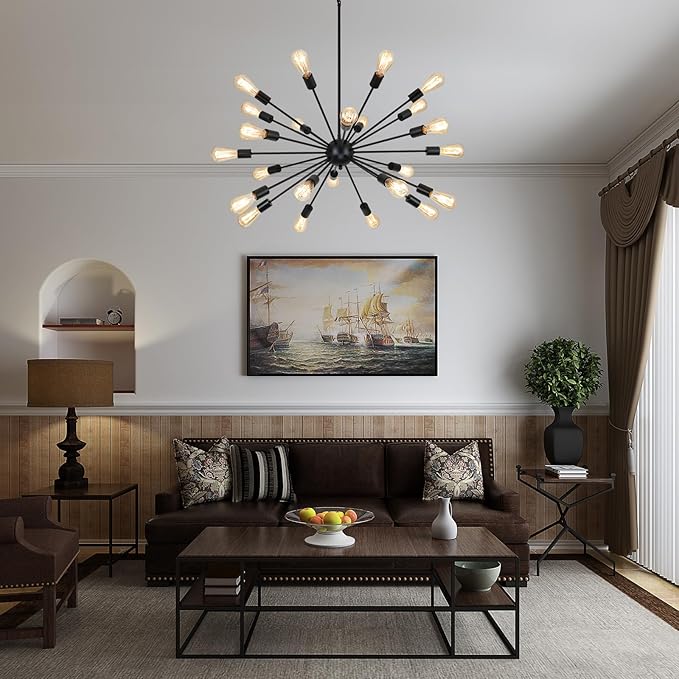 24 Light Black Sputnik Chandeliers, Modern Farmhouse Chandeliers for Dining Room Light Fixtures Over Table, Industrial Ceiling Hanging Lighting for Living Room, Bedroom, Kitchen, Foyer