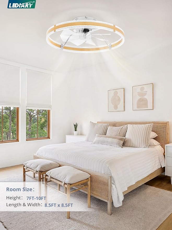 LEDIARY 24'' Low Profile Ceiling Fans with Lights and Remote, Wood Grain | 3000-6000K Dimmable LED, 6 Wind Speeds, Quiet Reversible DC Motor, Small Flush Mount Fandelier for Bedroom, Living Room