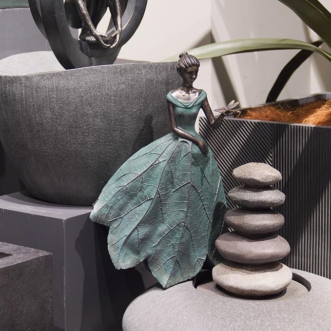Guichifun Fairy Statue, Leaf Angel Girls with Dragonfly, 12 x 8.5 x 18 | Resin, Home Decoration, Rustic Garden, Indoor/Outdoor, Yard Figurines Gift