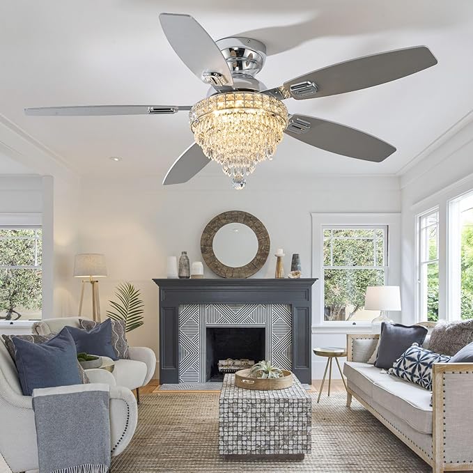 Crystal Ceiling Fan Fandelier with Lights-Ceiling Fans,50" Low Profile and Remote Control, Flush Mount, Reversible, Dimmable, Noiseless,Ceiling Fan for Bedroom(Chrome)