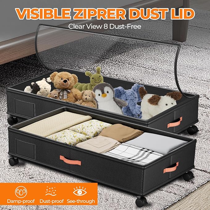 Under Bed Storage with Wheels,2-Pack Under Bed Storage Containers with Clear Lids,XXL Large Under the Bed Storage Organizer Bins With Handles,Space Saving Design for Clothes,Shoes,Books-Black2