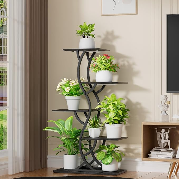Plant Stand Indoor with Grow Lights - 5 Tiered Corner Plant Shelves (Black) | 44" Tall Metal Plant Shelf, S-Shape Lighted Flower Holder Dispaly Rack for Living Room, Home, Patio, Balcony