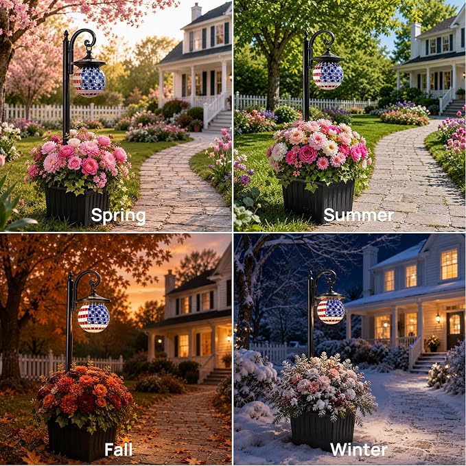 Solar Lamp Post Light with Planter, Patriotic Mosaic Outdoor Lantern Decor | Warm White LED Light, Dusk to Dawn, IP44 Waterproof, 4 Solar Panels, No Wiring Required, Energy Saving, Porch, Patio, Garden.