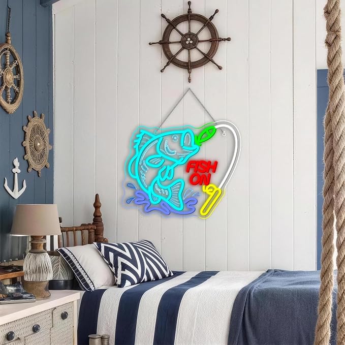 Fish On Neon Sign Dimmable Fish Neon Light for Wall Decor LED USB Powered Fishing Hook Lights for Bedroom Living Room Man Cave Yacht Fishing Art Decor fot Teens Boy Men Gifts