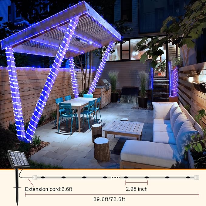 33FT 135 LED Solar Rope Lights Outdoor Waterproof, Blue Solar String Lights for Outside, 8 Modes Solar Powered Fairy Light for Pool Trampoline Garden Backyard Patio Tree Party Decorations