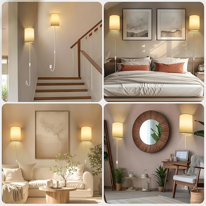 Plug in Wall Sconce, Industrial Wall Lamp with Plug in Cord | 3 Color Set of Two, Rustic Fixture, On/Off Switch Vintage Wall Light Fixture for Headboard Bedroom Porch (white)