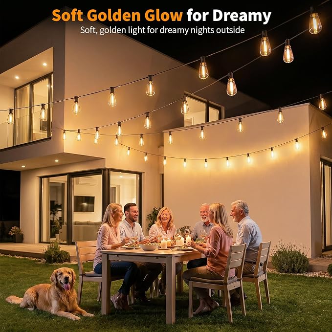 Hotsonic Solar Outdoor String Lights Waterproof, 100FT Remote Control LED Outside Lights with Shatterproof Bulbs, Dimmable Hanging Lights for Patio Porch Garden pergola Yard House Bistro Party Decors