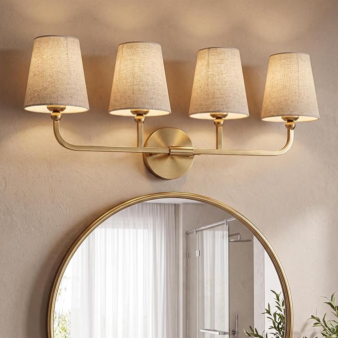 4-Light Brushed Gold Bathroom Vanity Light, Brown Linen Fabric Shade | 28 Inch gold bathroom light fixture over mirror, UL listed, E26 bulbs, hardwired, upward only, VL837-BG-L-4