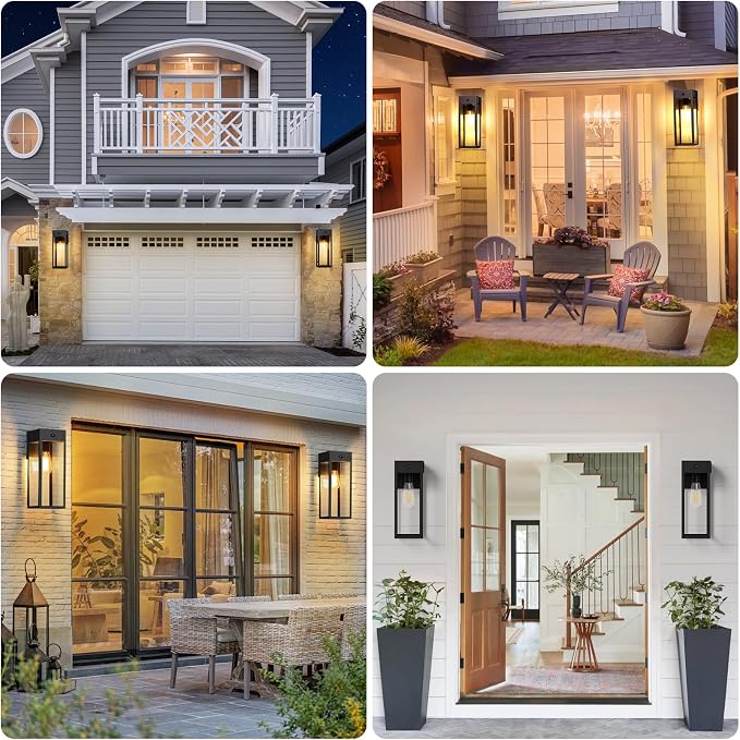 Porch Lights with GFCI Outlet, Large Motion Sensor Outdoor Lights | Dusk to Dawn, Anti-Rust, Waterproof, Tempered Glass, Easy Installation, E26 Socket, Exterior Lighting for Patio Garage, Black