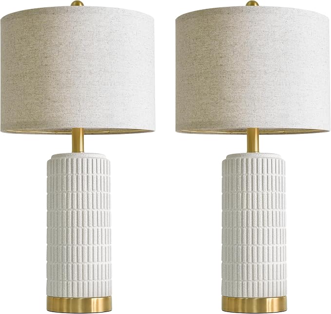 PoKat Farmhouse Table Lamps for Living Room Set of 2 with Gold Base, 25'' Stone-Like Bedside Lamps for Bedroom Night Stands, Ructic Ceramic Lamp for Office Hallway End Table Dorm (Frosted White)