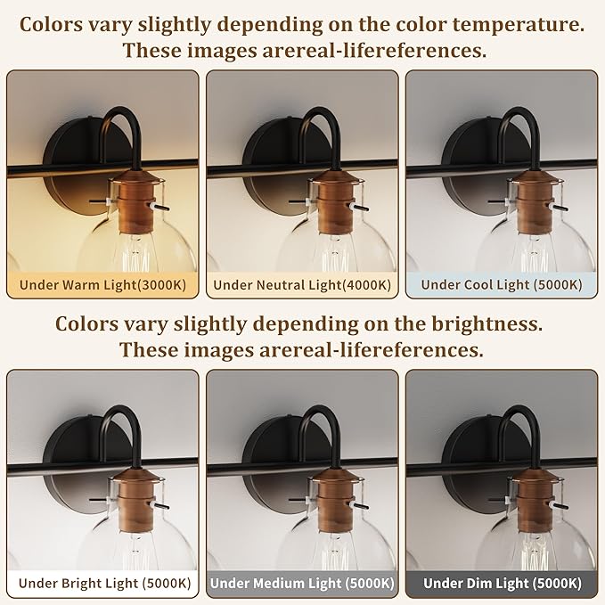 Bathroom Light Fixtures, Black and Copper 3 Light Bathroom Vanity Light, Modern Wall Sconce Black with Red Copper, Vanity Lights Over Mirror with Globe Glass Shade and Metal Base