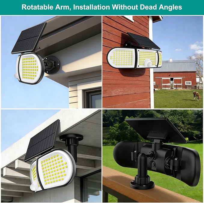 Solar Motion Sensor Lights Outdoor, 3000LM 3 Adjustable Heads Security Flood Light with Remote Control, IP65 Waterproof 270° Wide Angle Solar Wall Lights for Garage Yard Patio Driveway, 4 Pack