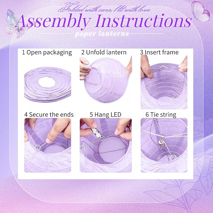 Light Purple Chinese Paper Lanterns with LED Lights, 10-Pack 12in | Hanging Lights for Easter, Graduation, Birthday Decorations, Ceiling Decor, Home Party & Tea Party