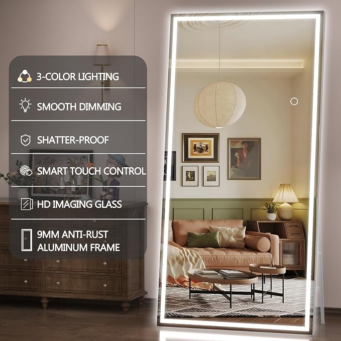 Hasipu Full Length Mirror with Lights, 78.7" x 31.5" LED Lighted Floor Standing, Full Body Dressing Hanging Mounted Mirror, Tempered Glass