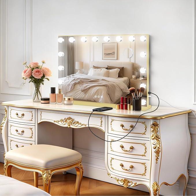 Moonee Vanity Mirror with Lights, Gold Hollywood Lighted Makeup Mirror with 17 Dimmable Bulbs and 10X Magnification, 3 Colors Modes, Aluminum Metal Frame, Light Up Mirror for Tabletop/Wall(26" x 20")