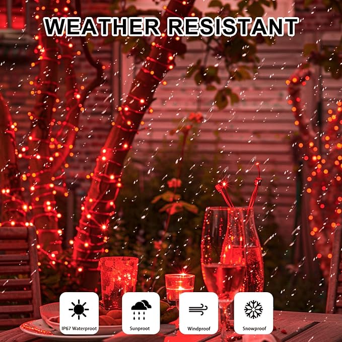 Red Fairy Lights Battery Operated (Included), 8 Modes & Auto Timer, 16FT 50Led Mini Twinkle Silver Wire Firefly Starry Lights, Waterproof Battery Operated Lights for Mason Jars Party Bedroom
