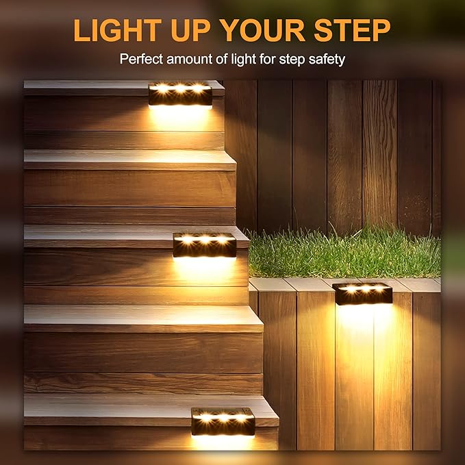 SOLPEX Solar Fence Lights, 6 LEDs Solar Lights Outdoor Waterproof Solar Powered for Deck, Stair, Front Porch, Balcony, Walkway, Garden, Yard, Patio, Pool Decor, IP65 Waterproof (4 Pack, Warm White)