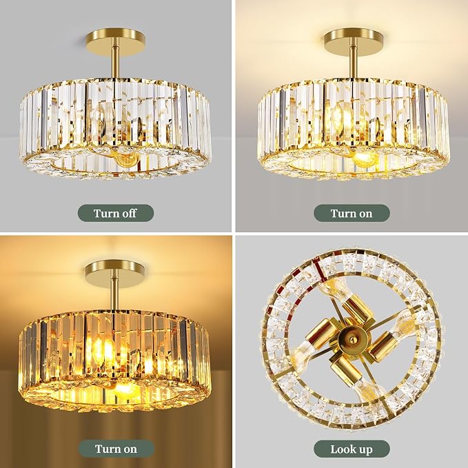 FRIDEKO HOME Gold Crystal Chandelier Ceiling Light - 4-Light Ceiling Light Fixture Modern Ceiling Mount Lights Chandelier for Dinning Room Bedroom Kitchen Entryway (14.56 Inch, Bulb not Included)