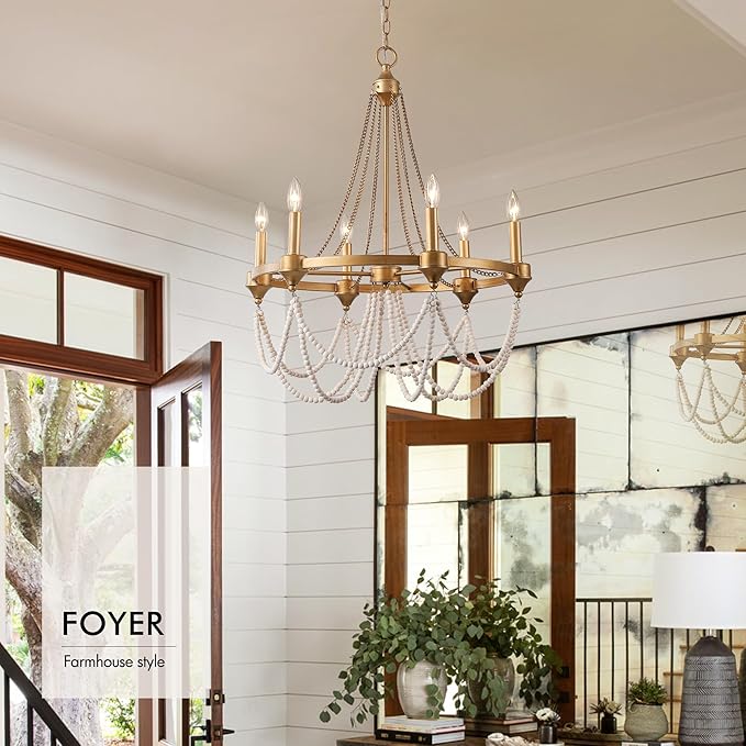 Boho Beaded Chandelier Farmhouse Rustic Candle Style Hanging Light Fixtures French Country Chandeliers Lighting for Dining Room Foyer Kitchen Entryway Antique Gold Chandelier 6-Lights W25.6