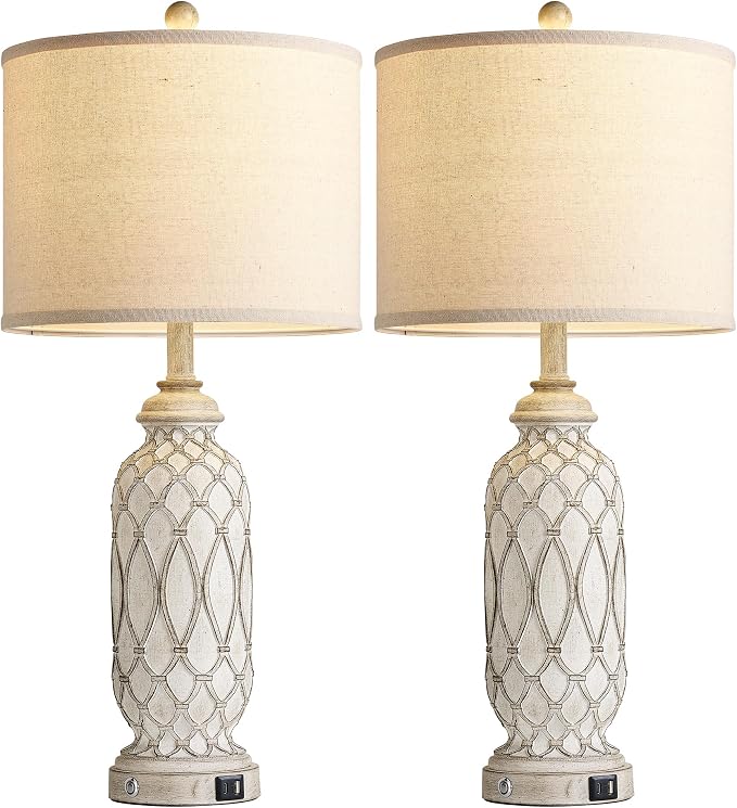 Farmhouse Table Lamps for Bedroom Set of 2, 28" Rustic Bedside Lamp with USB Ports, 3-Way Dimmable Nightstand Table Lamp for Living Room