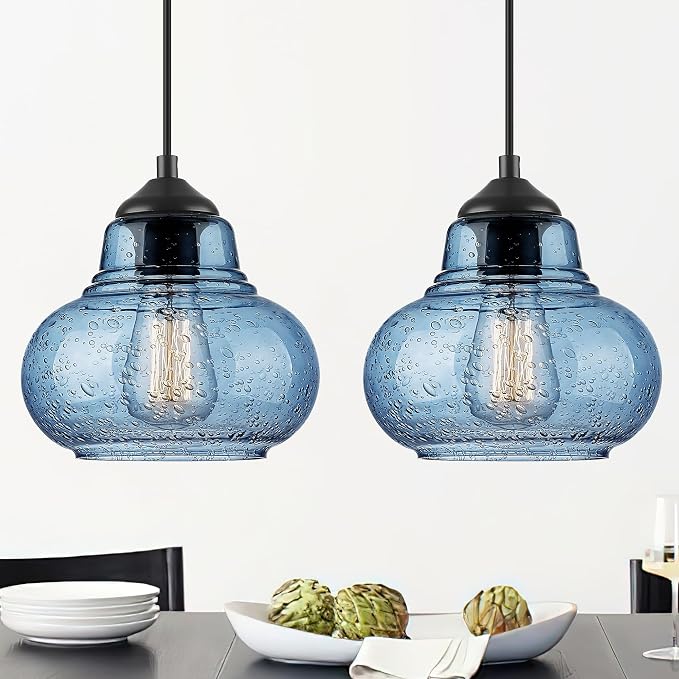 ELYONA 2 Pack Bubble Glass Pendant Lights 8 inch Modern Blue Hand Blown Globe Glass Pendant Lighting Hanging Light fixtures for Kitchen Island Dining Room Bar Bedroom Living Room