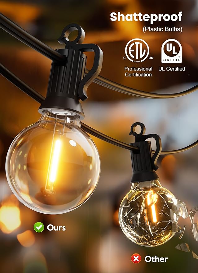 Outdoor String Lights, 50FT 52 LED Bulbs Connectable Patio Lights (2 Spare) | G40 Outside Vintage Hanging Light for Backyard Bistro Balcony Porch Christmas Party Wedding, E12, 2200K, Black