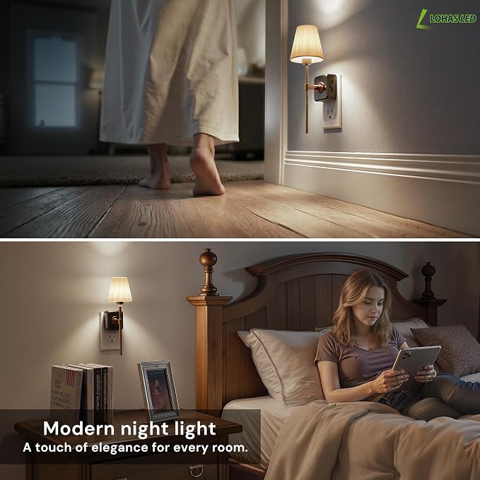 L LOHAS LED Night Lights Plug into Wall, Pleated Fabric Cover Night Light | 5000K Daylight with 0-100LM Dimmable Night-light, Dusk to Dawn Sensor Vintage Nightlight for Bedroom Living Room