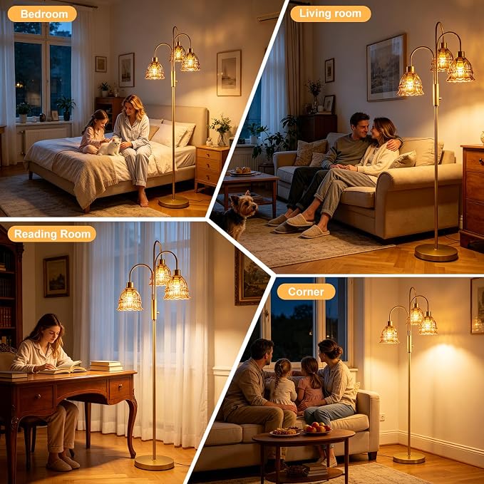 3-Light Glass Floor Lamp with Amber Ribbed Glass Shades, 70" Gold Dimmable Tall Standing Lamp with 3PCS 3000K Warm White Bulbs, Modern Tree Pole Lamp for Living Room Bedroom Home Office Corner Decor