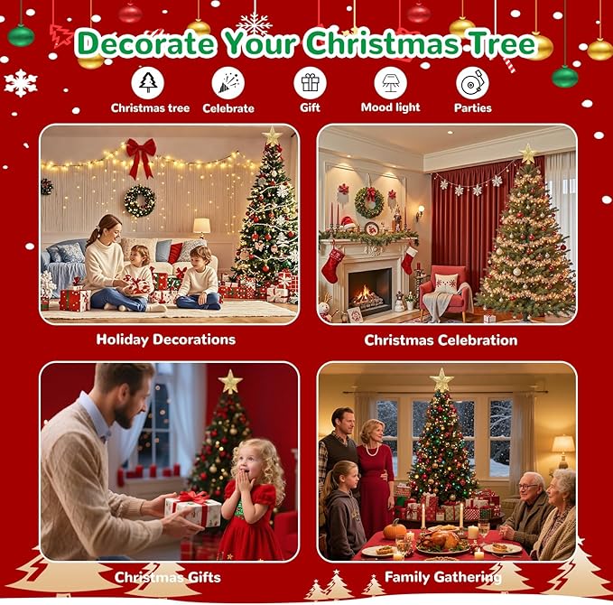 Christmas Star Tree Topper with Built-in Led Snowflake Projector Lights Hollowed Pentagram Golden Tree Topper,Plug in Christmas Tree Ornament for Indoor New Year Holiday Tree Decoration