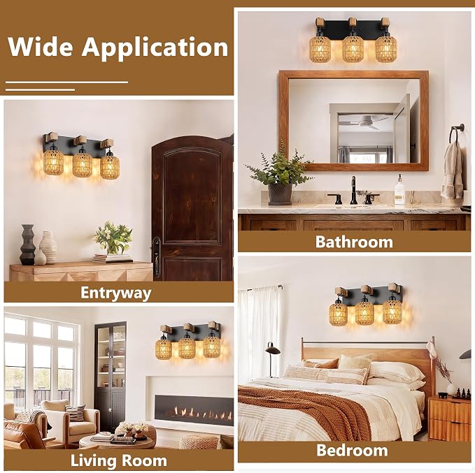 LmnLvn 3-Light Bathroom Vanity Light, Boho Farmhouse Rattan Handwoven Shade | Wood & Metal Frame, Rattan Vanity Light Design, Mounted Over Mirror, Easy To Install for Restroom, Bedroom & Hallway