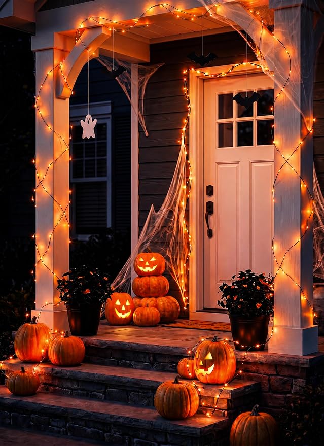 Orange Fairy Lights Plug in, Thanksgiving Fall Decorations, 33FT 100LEDs Halloween String Lights, Waterproof Black Wire Lights for Home Party Ghost Haunted House Indoor Outdoor Halloween Decorations