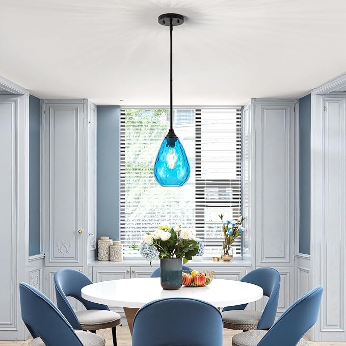 Black Pendant Lights Kitchen Island 2 Pack, Modern Blue Glass Pendant Light Fixtures with Hammered Glass and Rods, Adjustable Small Hanging Light for Kitchen Sink Dining Room Bathroom