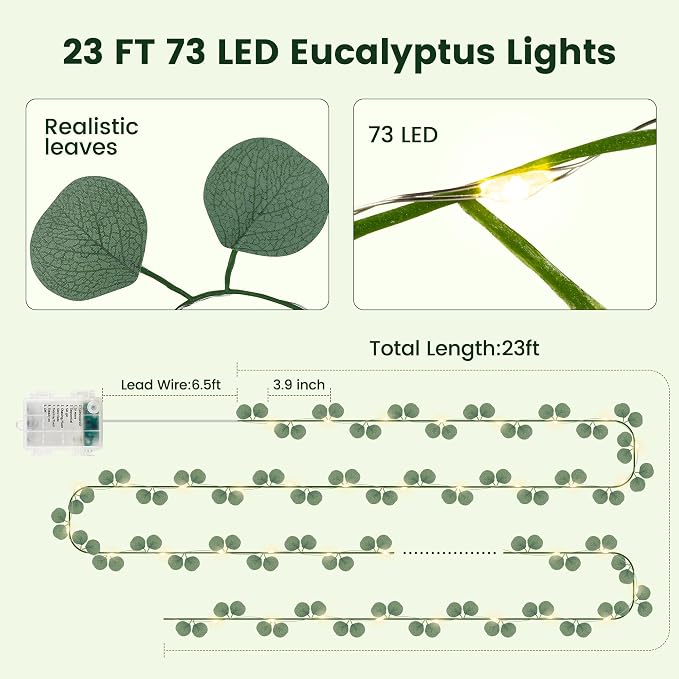 HEYFUNi 23FT Eucalyptus Garland with Fairy Lights, USB & Battery | 73 Leds, Timer & Memory & 8 Modes, Greenery Eucalyptus Leaf Vine Lights For Bedroom, Wall, Wedding, Party, Summer Dorm Decor