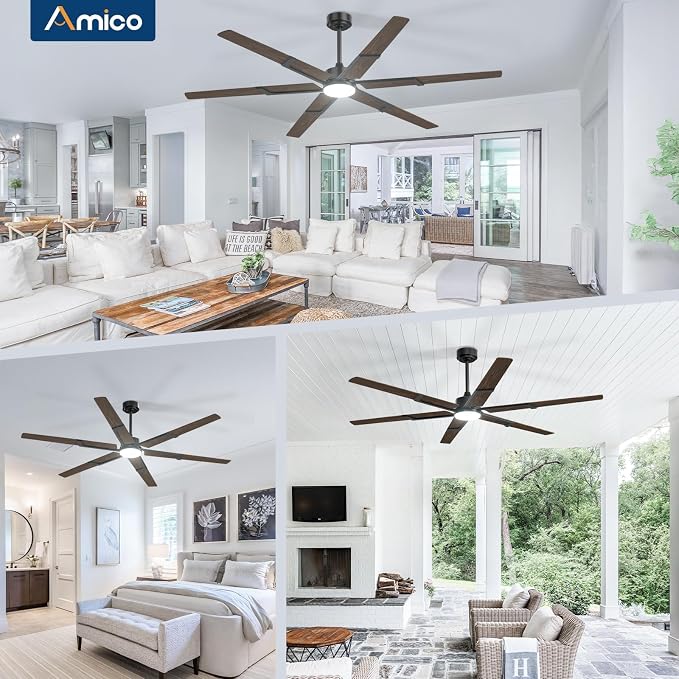 Amico 72 Inch Ceiling Fans with Lights and Remote, Walnut | 6 Speed Reversible DC Motor, 3CCT, Dimmable, Quiet, Timer, Large Modern Ceiling Fan for Living room, Indoor/Outdoor