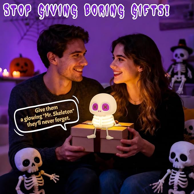 Skull Night Light, Silicone Touch Control Lamp. USB Rechargeable with Timer & Brightness Adjustment, Creates Customizable Glow for Gaming Room, Bedside, or Halloween Decor
