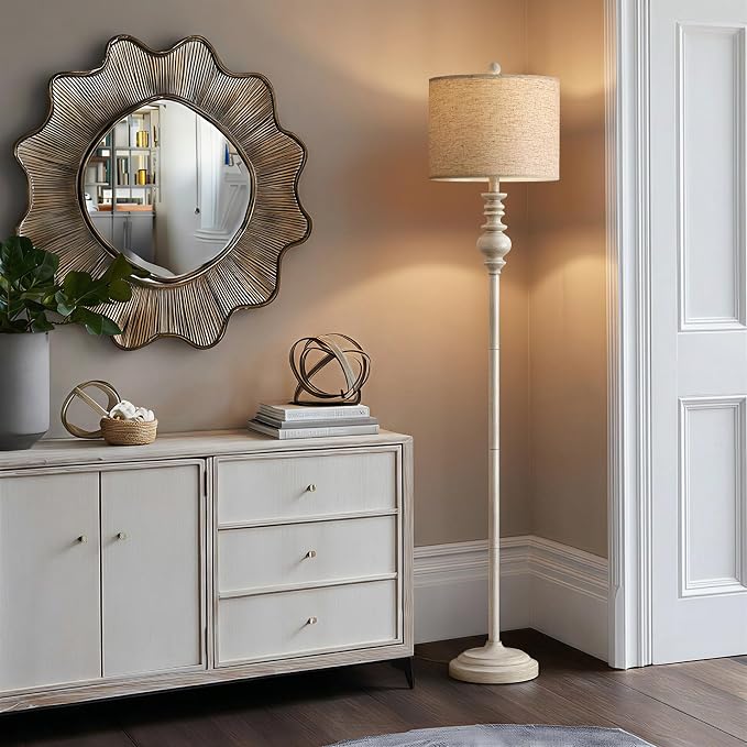 BOBOMOMO 64.25" Farmhouse Floor Lamp for Living Room, Tall Antique White Standing Lamp with Rotary Switch, Vintage Reading Lamp for Bedroom & Nursery, Rustic Home Decor Corner Lamp