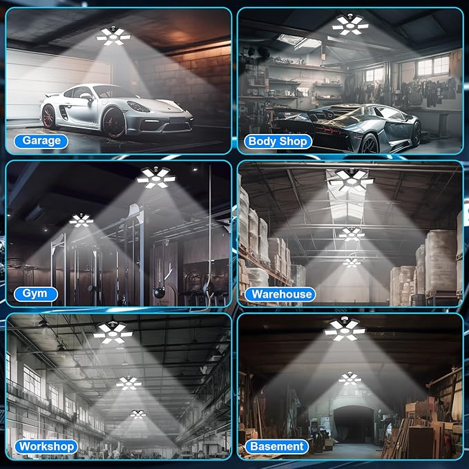 6 Pack Garage Lights, 28000LM Super Bright LED Shop Lights with 6+1 Deformable Panels, 6500K Garage Light Ceiling Led, E26/E27 Socket Screw in Bulb for Warehouse, Workshop, Basement, Attic
