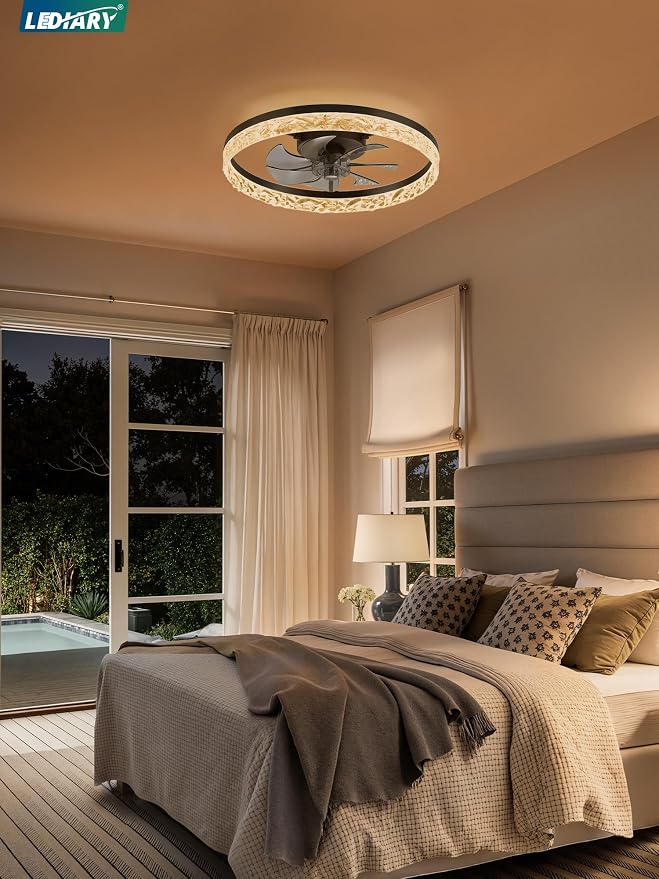 LEDIARY 20" Modern Ceiling Fans with Lights and Remote, Black Fandelier | Dimmable Low Profile, Flush Mount Ceiling Fan, Stepless Color Temperature Change, 6 Speeds, Bedroom, Living Room, Kitchen