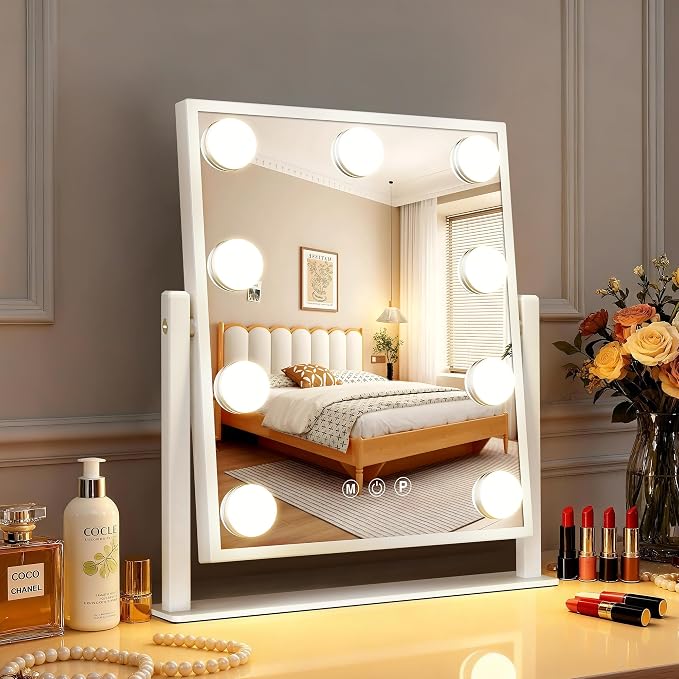 Makeup mirror with lights,Hollywood Vanity Mirror with 9 LED Bulbs,12" x 13.2" Plug in Makeup Mirror for Desk,Smart Touch Control 3Colors Dimmable, light up mirror for makeup,Bedroom,Tabletop,White
