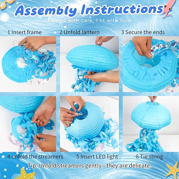 Jellyfish Paper Lanterns with LED Lights Set of 6, Blue Mix Oval Hanging Floating Decorations for Under The Sea Party Mermaid Birthday Ocean Classroom Beach Room Aesthetic