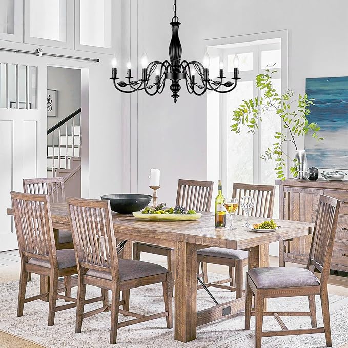 29" Large Black Chandelier for Dining Room, Modern Farmhouse 8-Light Light Fixture Hanging, Industrial Kitchen Lighting Fixtures with Leaf, Vintage Chandeliers Over Table for Bedroom Foyer Living Room