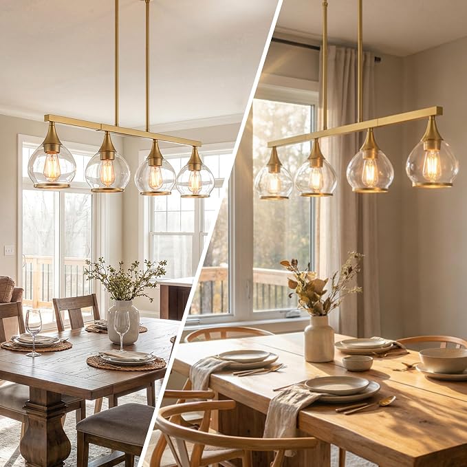 Kitchen Island Linear Pendant Light, 4-Light Gold Dining Room Chandelier with Clear Glass Globe Shades, Modern Linear Lighting Fixture Over Table