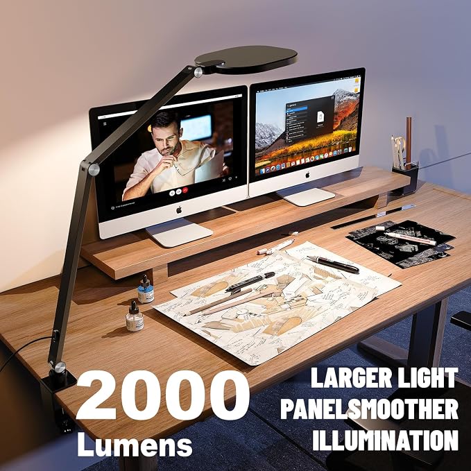 Desk Lamp for Home Office with Clamp | 2000LM Eye-Caring, Dimmable Zoom Lighting, 3 Colors & 10 Brightness, Remote Computer Ring Light, CRI>97.8