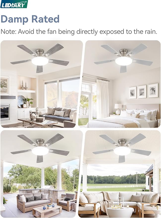 LEDIARY 42 Inch Flush Mount Ceiling Fans with Lights, Remote & APP Control | Bright Light, 3CCT, Dimmable, Memory Function, Timer, Reversible Blade, Quiet DC Motor, Damp-Rated, Bedroom, Covered Patio