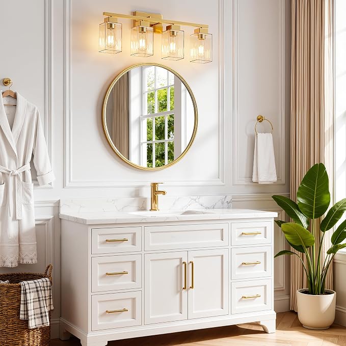 4-Light Bathroom Light Fixtures, Brushed Gold Modern Vanity Lights, Bathroom Lighting Fixtures Over Mirror, Square Design Farmhouse Wall Sconces with Clear Glass Shades